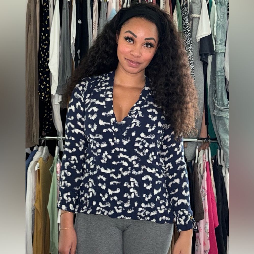 Navy and White Patterned Women's Top